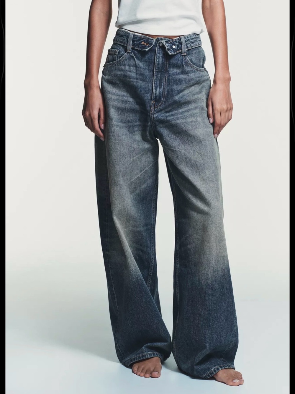 Zara TRF Mid Rise folded waist jeans in Blue